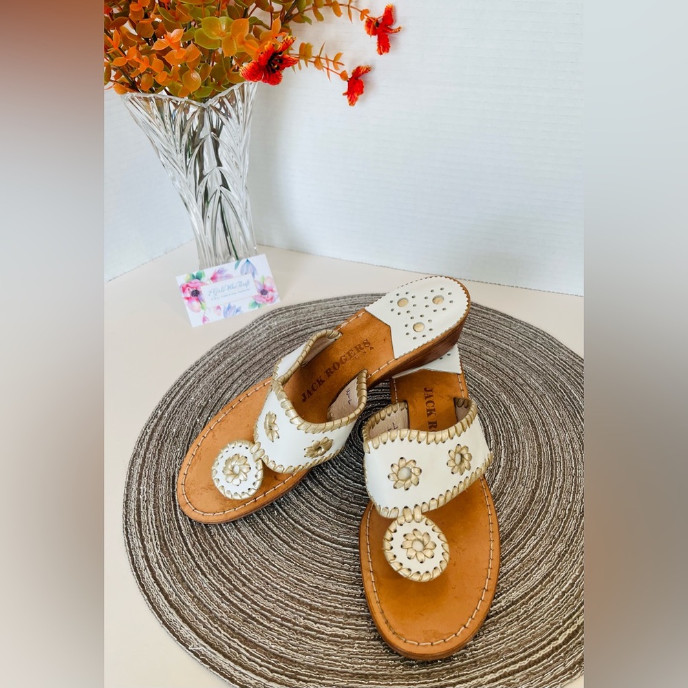JACK ROGERS USA Sandals “Hamptons”Platinum (Retired) Mid-Wedge White w Gold Trim - Picture 4 of 14